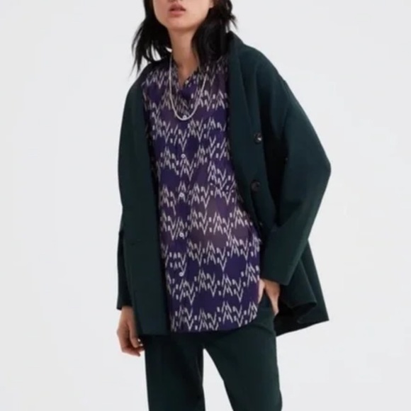 Zara Navy Blue Tribal Zigzag Chevron Striped Printed Semi Sheer Blouse - S - Picture 13 of 13